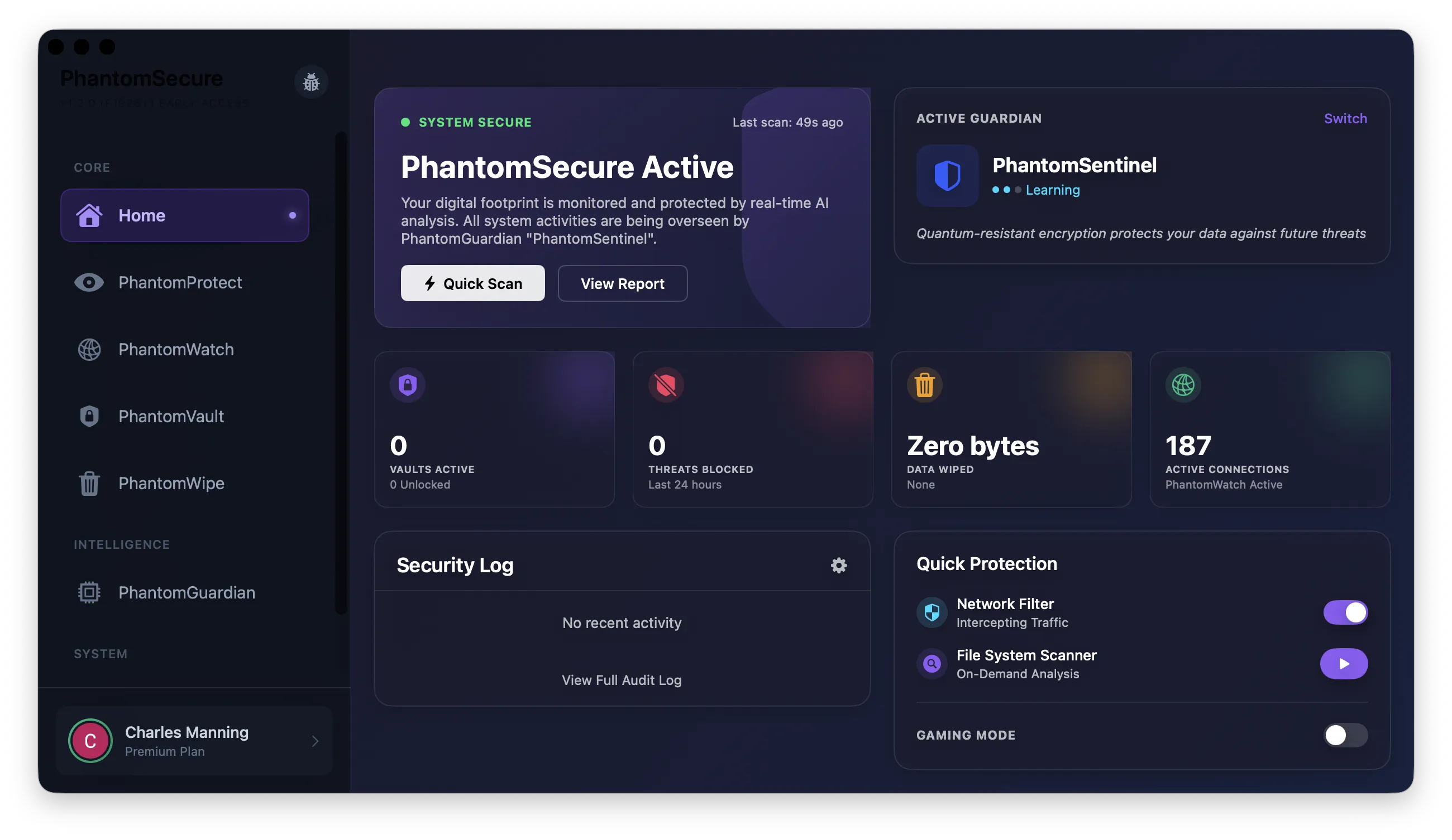 PhantomSecure Privacy-First macOS Security Dashboard showing encrypted vaults and threat protections