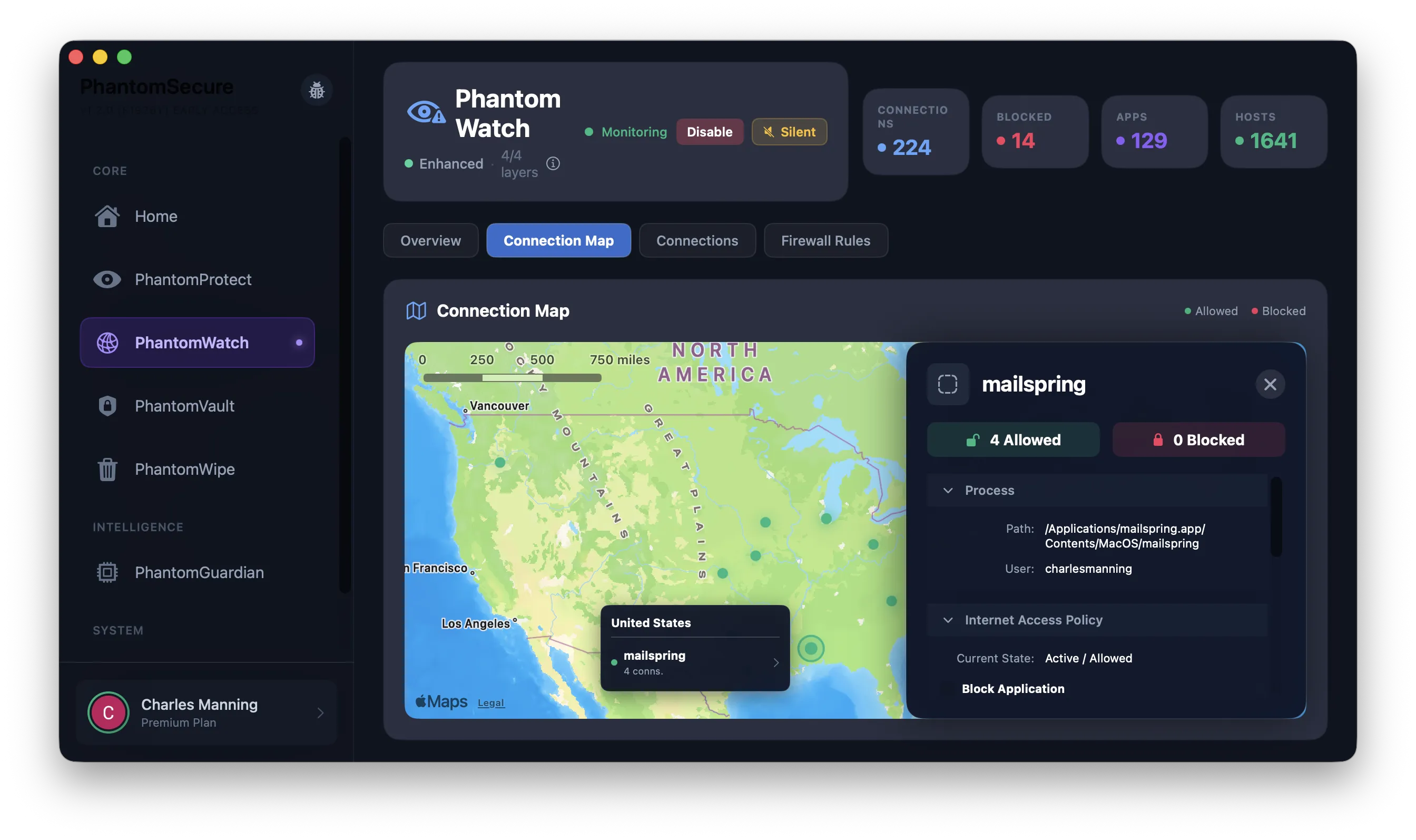 PhantomWatch macOS Network Monitor Telemetry Interface